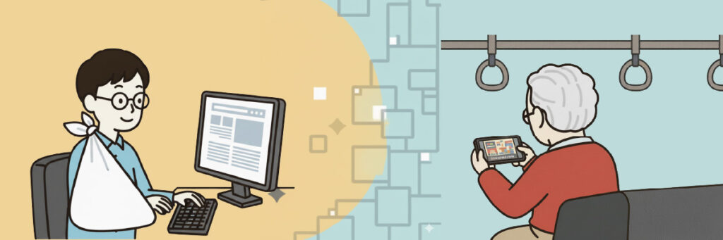 けがをした人が片手でパソコンを操作し、高齢の人が電車の中でタブレットを使っている様子のイラスト