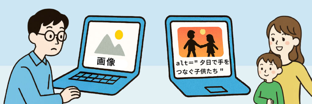 パソコンの前で困っている人と、その横で親子が安心して同じ画面を見ているイラスト