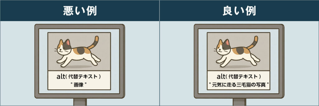 alt属性の良い例と悪い例の比較。悪い例は「画像」とだけ記載、良い例は「元気に走る三毛猫の写真」と具体的に説明している。